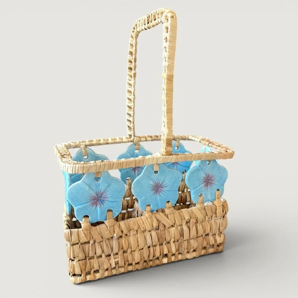 Vintage Woven Straw Basket Ceramic Blue Morning Glory Flowers Bohemain Caddy